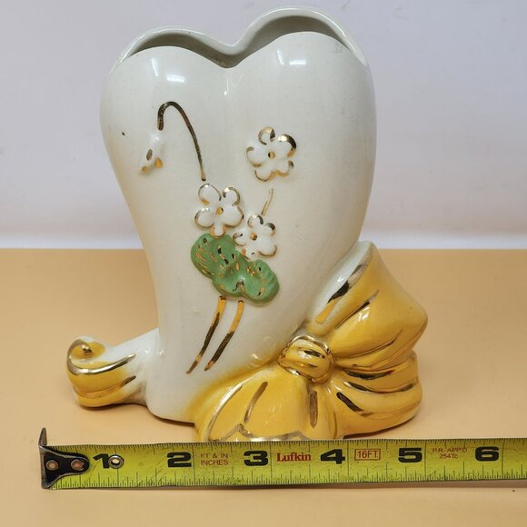 Vintage Ceramic Heart Shaped Vase/Planter With Floral & Bow Accents - Picture 11 of 13